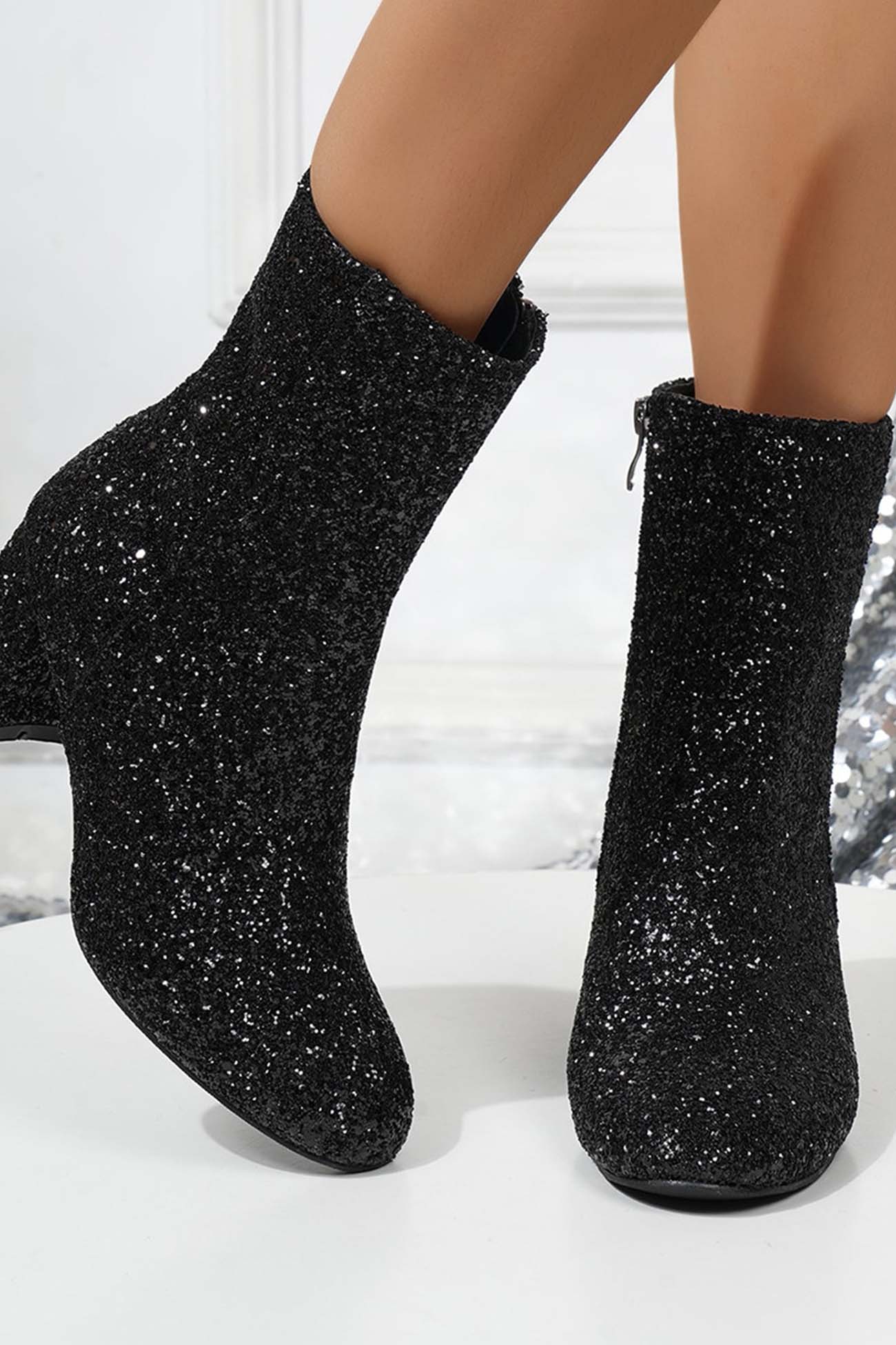 New Fashion Spring Outfit Sequined Block Heels Ankle Heels