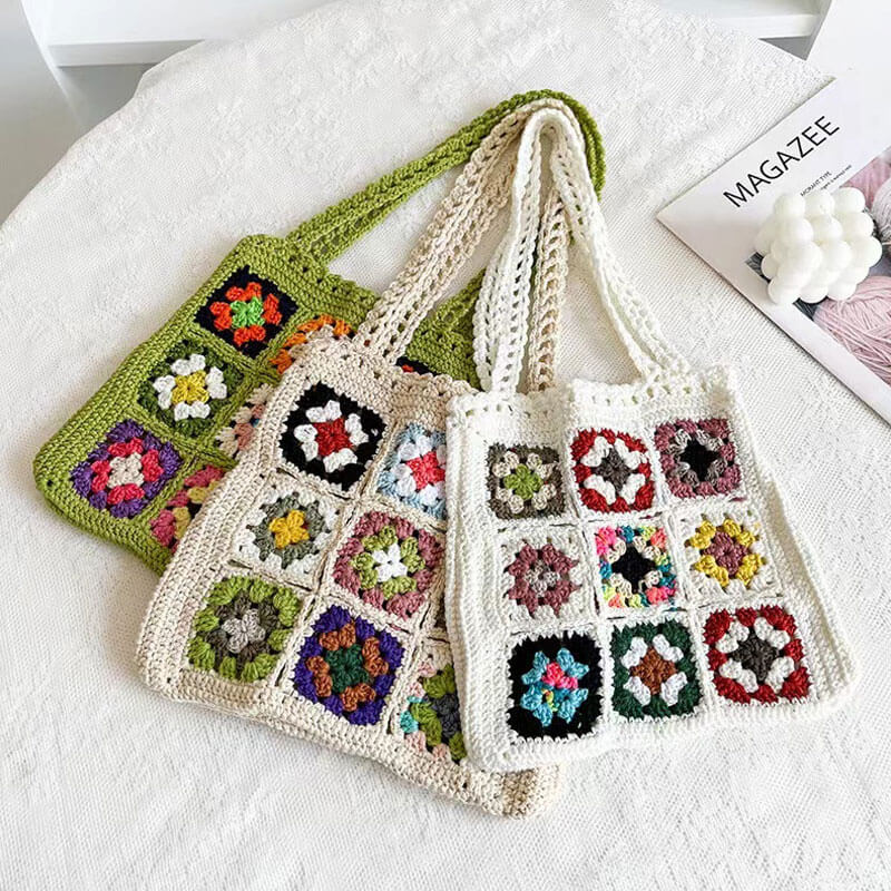 Bohemian Floral Granny Square Handmade Crochet Knit Shoulder Bag