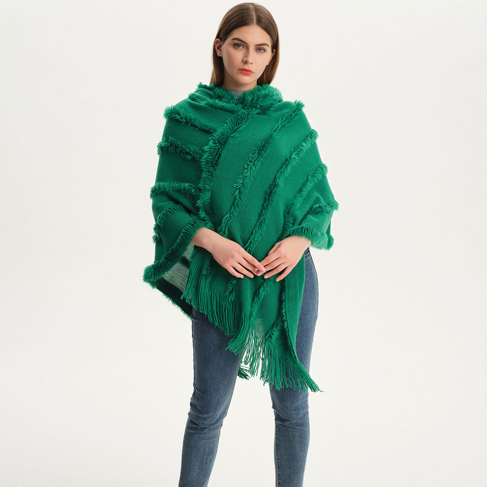 Bohemian Fringe Faux Fur Batwing Sleeve Green Hooded Knit Poncho Sweater