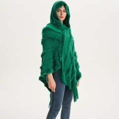 Bohemian Fringe Faux Fur Batwing Sleeve Green Hooded Knit Poncho Sweater