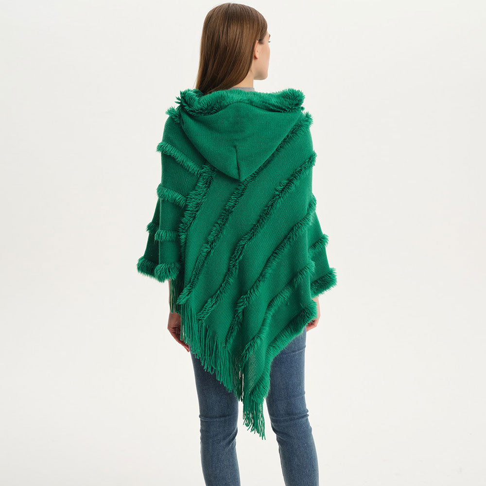 Bohemian Fringe Faux Fur Batwing Sleeve Green Hooded Knit Poncho Sweater