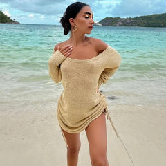 Boho Backless Long Sleeve Ruched Side Oversized Knit Mini Dress