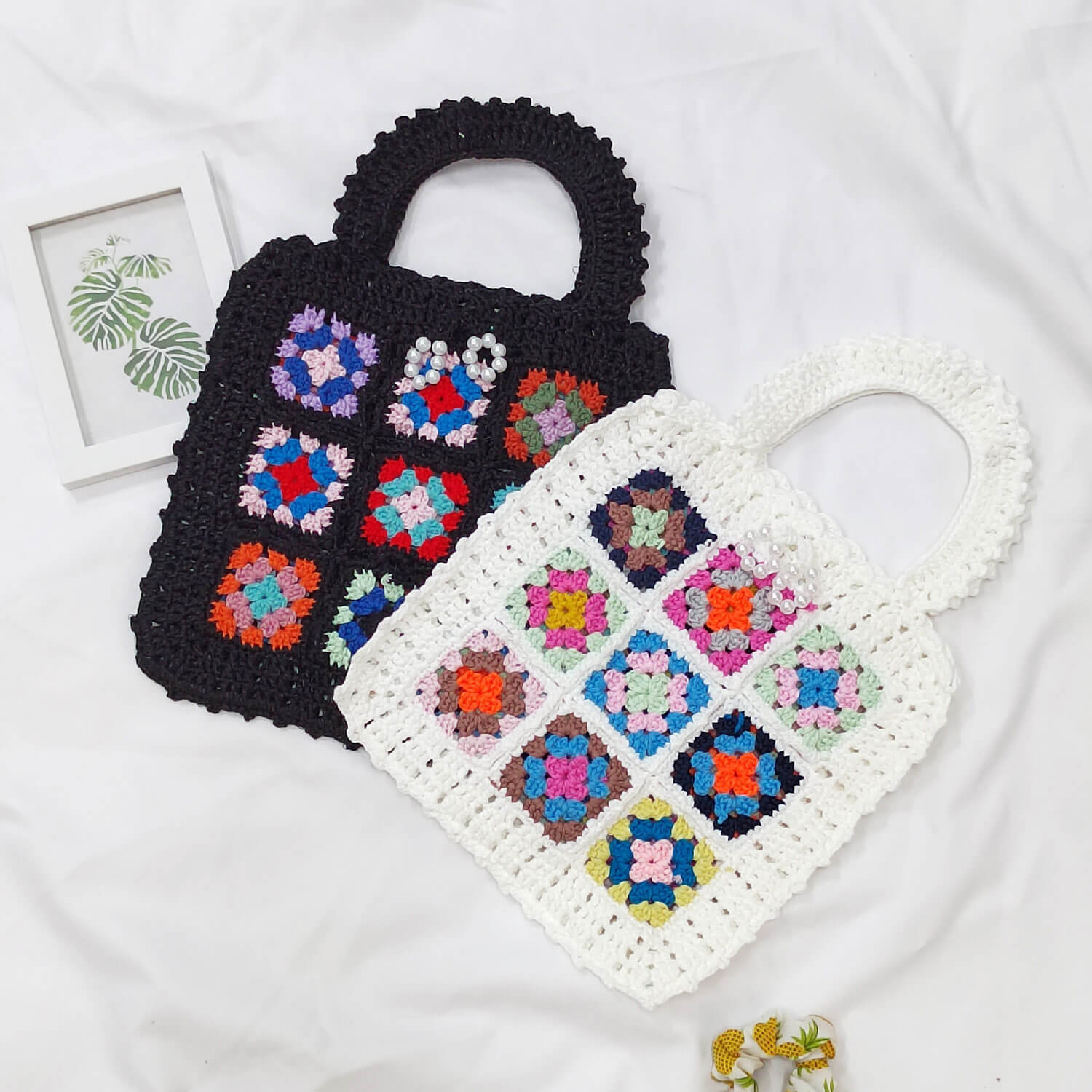 Boho Chic Floral Granny Square Handmade Crochet Knit Tote Bag