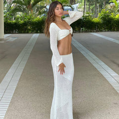 Boho White Crochet Knit Bell Sleeve Crop Top and Maxi Skirt Matching Set