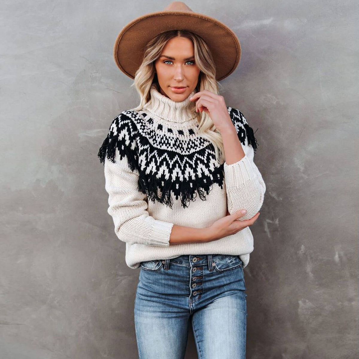 Boho Fair Isle Fringe Long Sleeve Turtleneck Cream Pullover Sweater