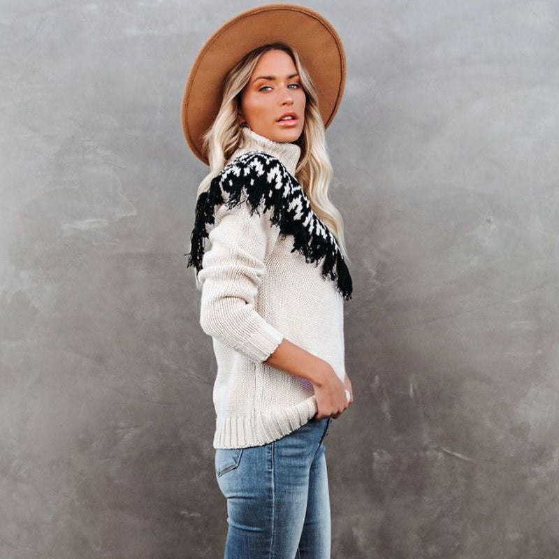 Boho Fair Isle Fringe Long Sleeve Turtleneck Cream Pullover Sweater