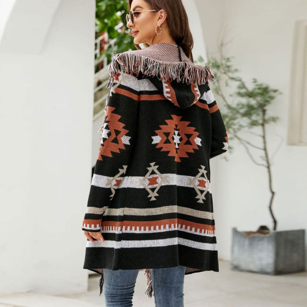 Boho Fringe Trim Open Front Hooded Geometric Jacquard Knit Cardigan