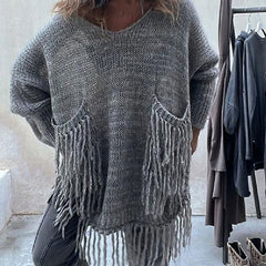 Boho Fringe Trim Patched Pocket V Neck Batwing Sleeve Oversized Pullover Sweater