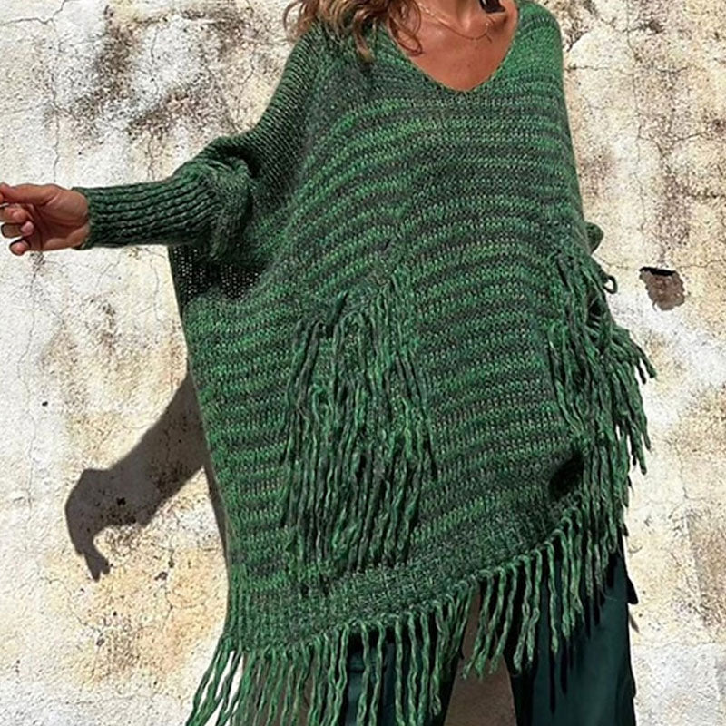 Boho Fringe Trim Patched Pocket V Neck Batwing Sleeve Oversized Pullover Sweater