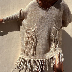 Boho Fringe Trim Patched Pocket V Neck Batwing Sleeve Oversized Pullover Sweater