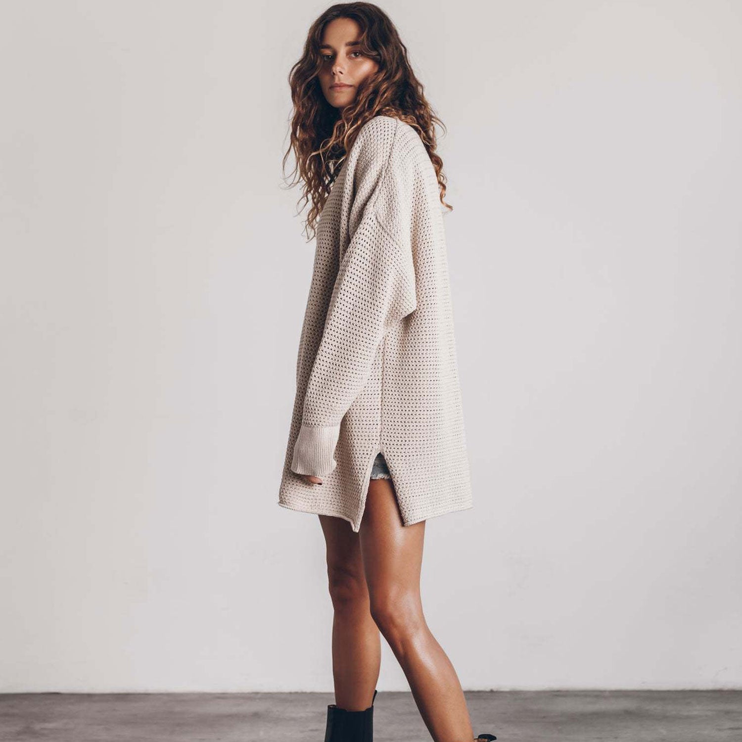 Boho Oversized Open Knit Round Neck Long Sleeve Drop Shoulder Side Split Sweater