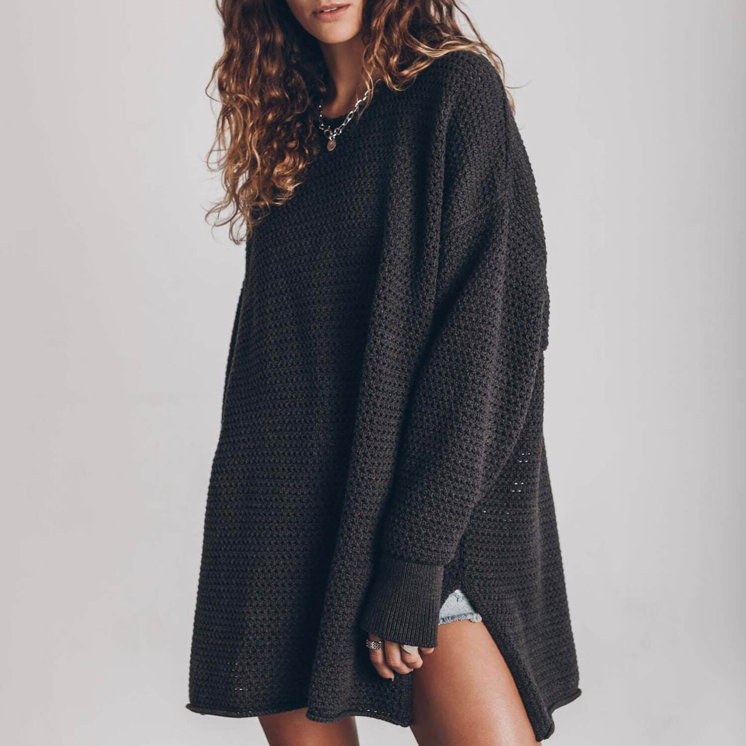 Boho Oversized Open Knit Round Neck Long Sleeve Drop Shoulder Side Split Sweater