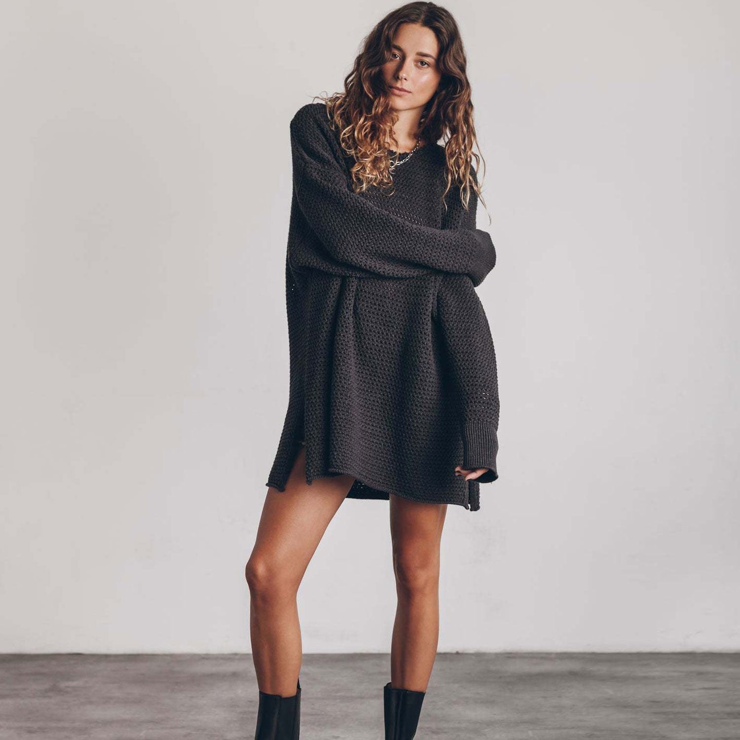 Boho Oversized Open Knit Round Neck Long Sleeve Drop Shoulder Side Split Sweater