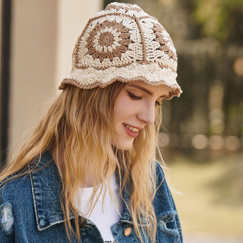 Boho Style Bloom Floral Hand Made Knit Crochet Granny Square Bucket Hat