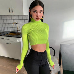 Bold Neon Green Turtleneck Long Sleeve Cropped Rib Knit Top