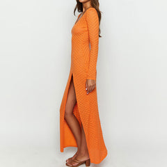 Breezy Scoop Neck Long Sleeve Tie Back Split Shell Crochet Knit Maxi Dress