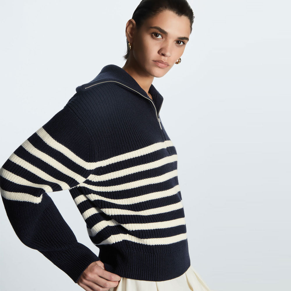 Breton Spread Collar Half Zip Blue and White Striped Sweater