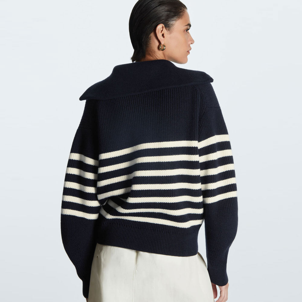 Breton Spread Collar Half Zip Blue and White Striped Sweater