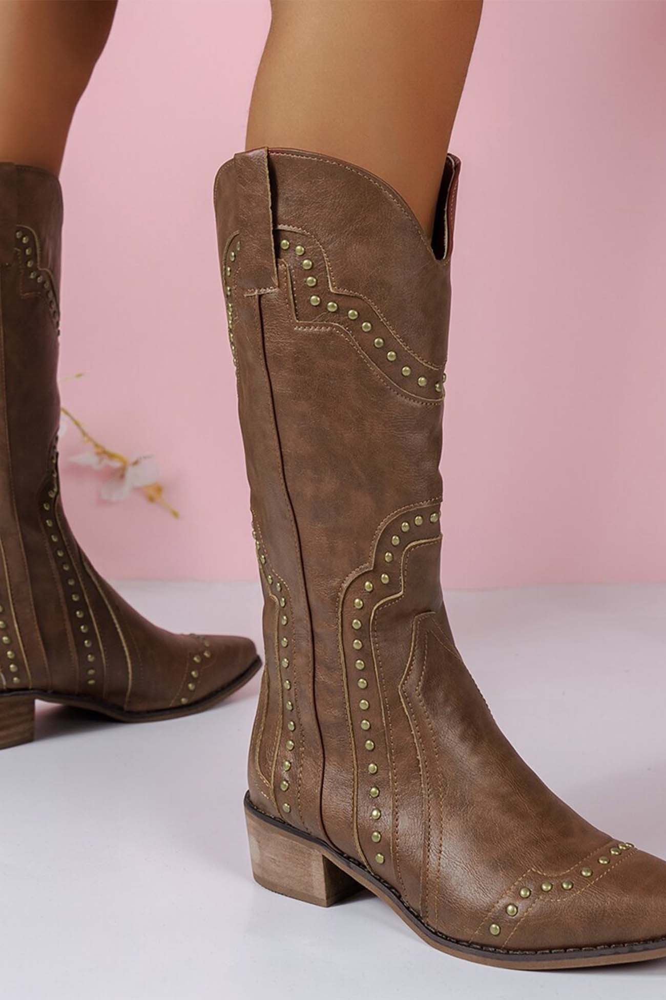 New Fashion Spring Outfit Mid-Calf Studded Western Boots