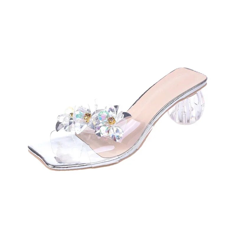 Crystal Sandals Elegant Middle Heels Women slippers Summer Shoes Open Toe Sandal Chunky Heels Woman Red Gold Sliver