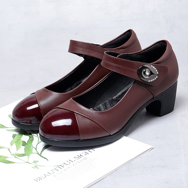 Crystal Button Med Heels Mary Janes Women 2024 New Comfort Soft Bottom Moccasins Shoes Woman Square Heel Casual Shoes
