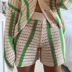 Casual Contrast Striped Crochet Open Knit High Waisted Shorts