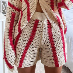 Casual Contrast Striped Crochet Open Knit High Waisted Shorts