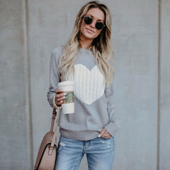 Casual Crew Neck Cable Heart Long Sleeve Knit Sweater