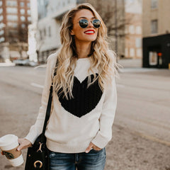 Casual Crew Neck Cable Heart Long Sleeve Knit Sweater