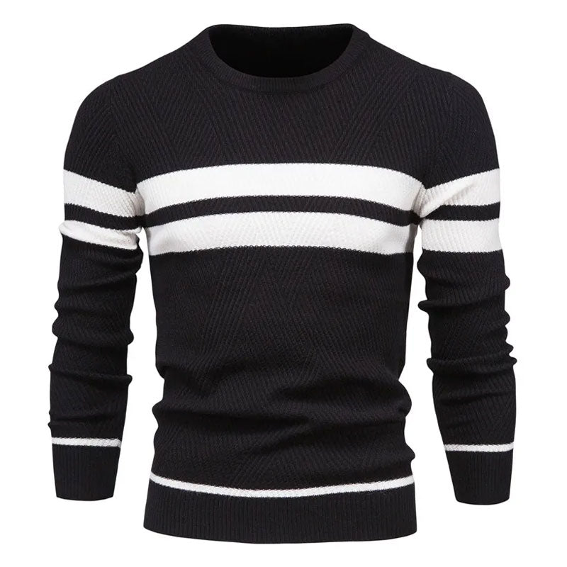 Casual Crew Neck Long Sleeve Winter Rib Knit Contrast Striped Men Pullover Sweater