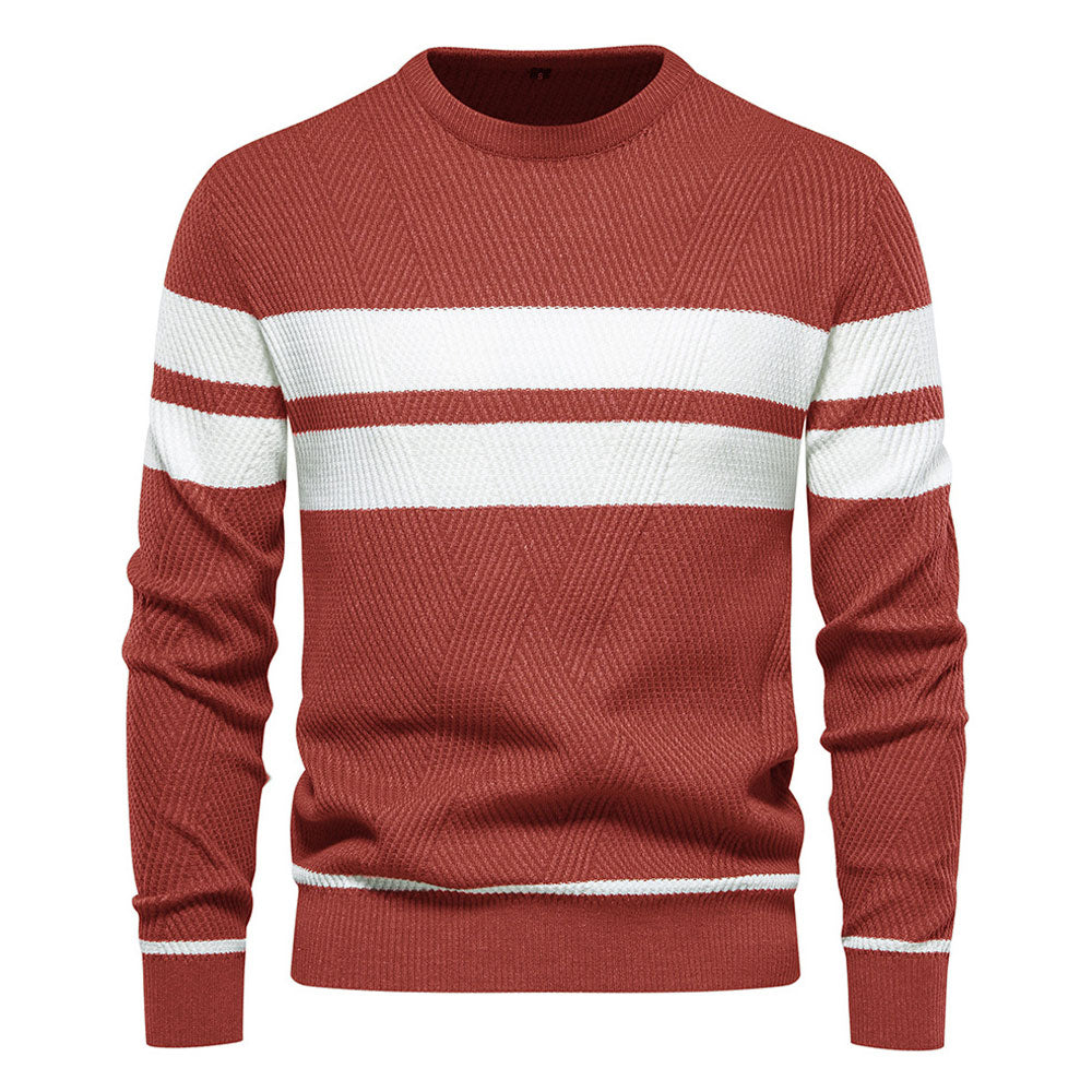 Casual Crew Neck Long Sleeve Winter Rib Knit Contrast Striped Men Pullover Sweater