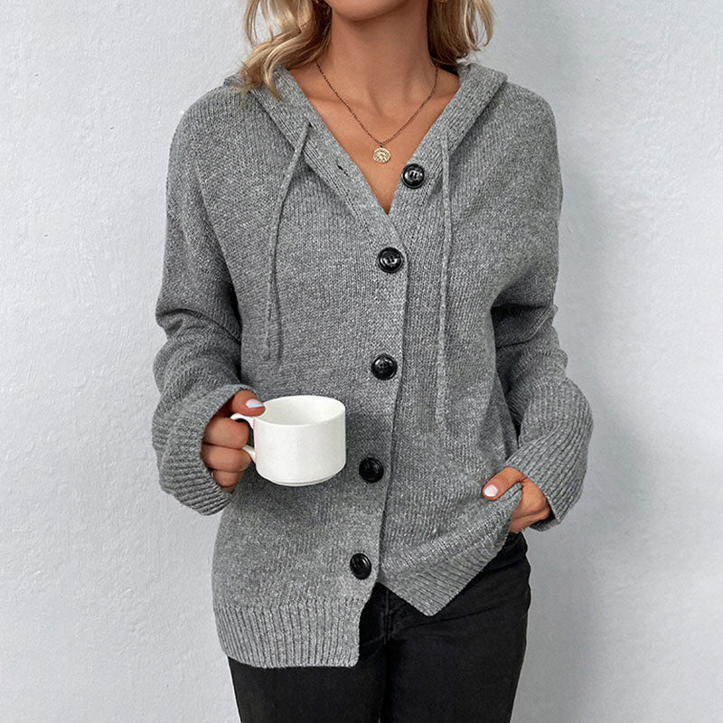 Casual Drawstring Hooded Marled Knit Long Sleeve Button Up Cardigan