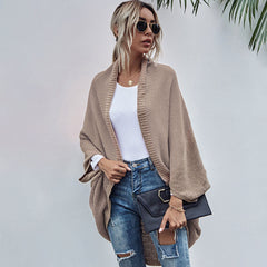 Casual Monochrome Chunky Knit Open Front Batwing Sleeve Oversized Cape Cardigan