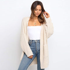 Casual Open Front Drop Shoulder Crochet Waffle Knit Cardigan