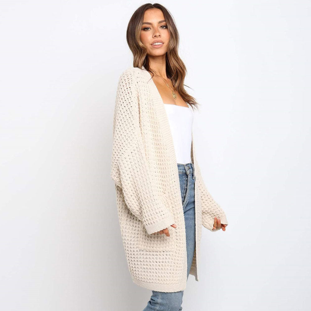 Casual Open Front Drop Shoulder Crochet Waffle Knit Cardigan