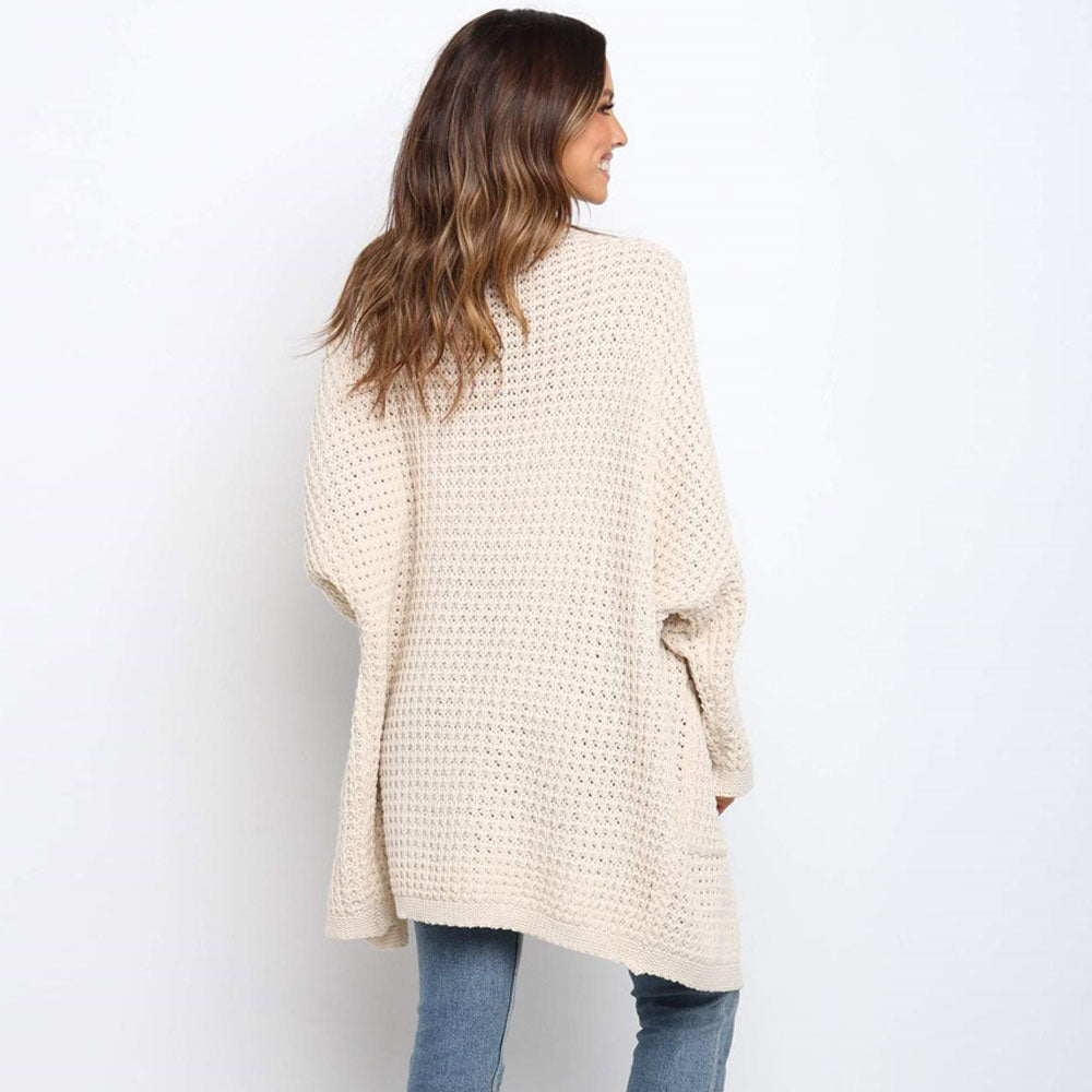 Casual Open Front Drop Shoulder Crochet Waffle Knit Cardigan