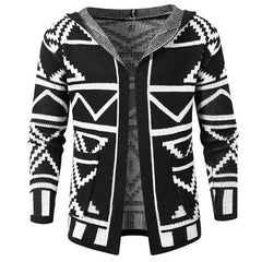 Casual Open Front Men Winter Black and White Geometric Knit Hooded Cardigan