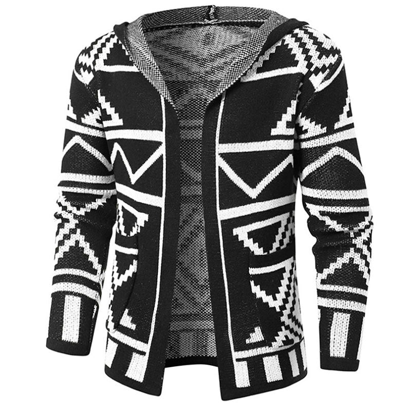 Casual Open Front Men Winter Black and White Geometric Knit Hooded Cardigan