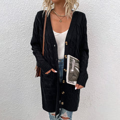 Casual Rib V Neck Button Up Long Sleeve Pocket Chunky Cable Knit Cardigan