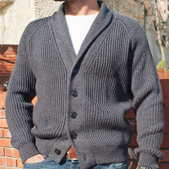 Casual Solid Shawl Collar Raglan Sleeve Button Up Ribbed Knit Men Cardigan