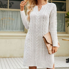 Casual V Neck Long Sleeve Side Split Winter Cable Knit Sweater Mini Dress