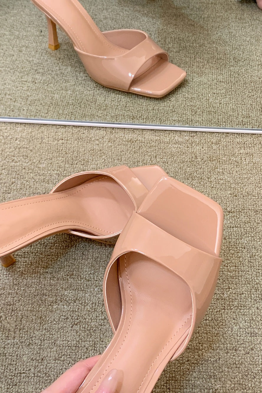 Nude stiletto open toe slippers square toe high heels