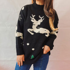 Cheerful Print Fluffy Reindeer Drop Shoulder Christmas Sweater