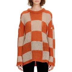 Chic Checkered Print Crew Neck Drop Shoulder Long Sleeve Orange Oversized Sweater