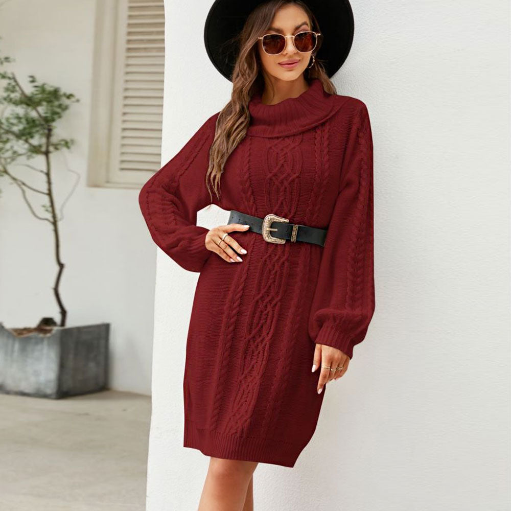 Chic Cowl Neck Balloon Sleeve Fisherman Cable Knit Mini Sweater Dress