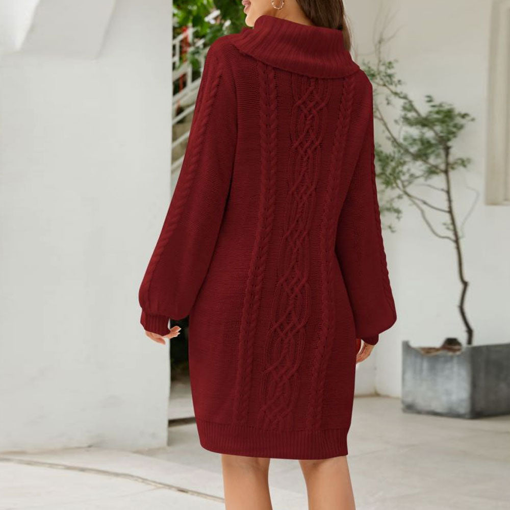 Chic Cowl Neck Balloon Sleeve Fisherman Cable Knit Mini Sweater Dress