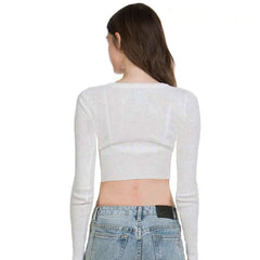 Chic Crew Neck Half Button Long Sleeve White Fitted Rib Knit Cropped Top