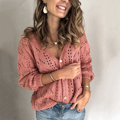 Chic V Neck Button Up Drop Shoulder Pointelle Knit Coral Cardigan