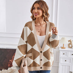 College Deep V Neck Button Front Bishop Sleeve Rhombus Oversized Knit Cardigan