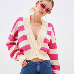 College Deep V Neck Button Up Long Sleeve Oversized Striped Cardigan